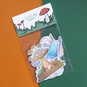 Ein Stickerpack mit verschiedenen Pilz-Aufklebern im Comic-Stil.